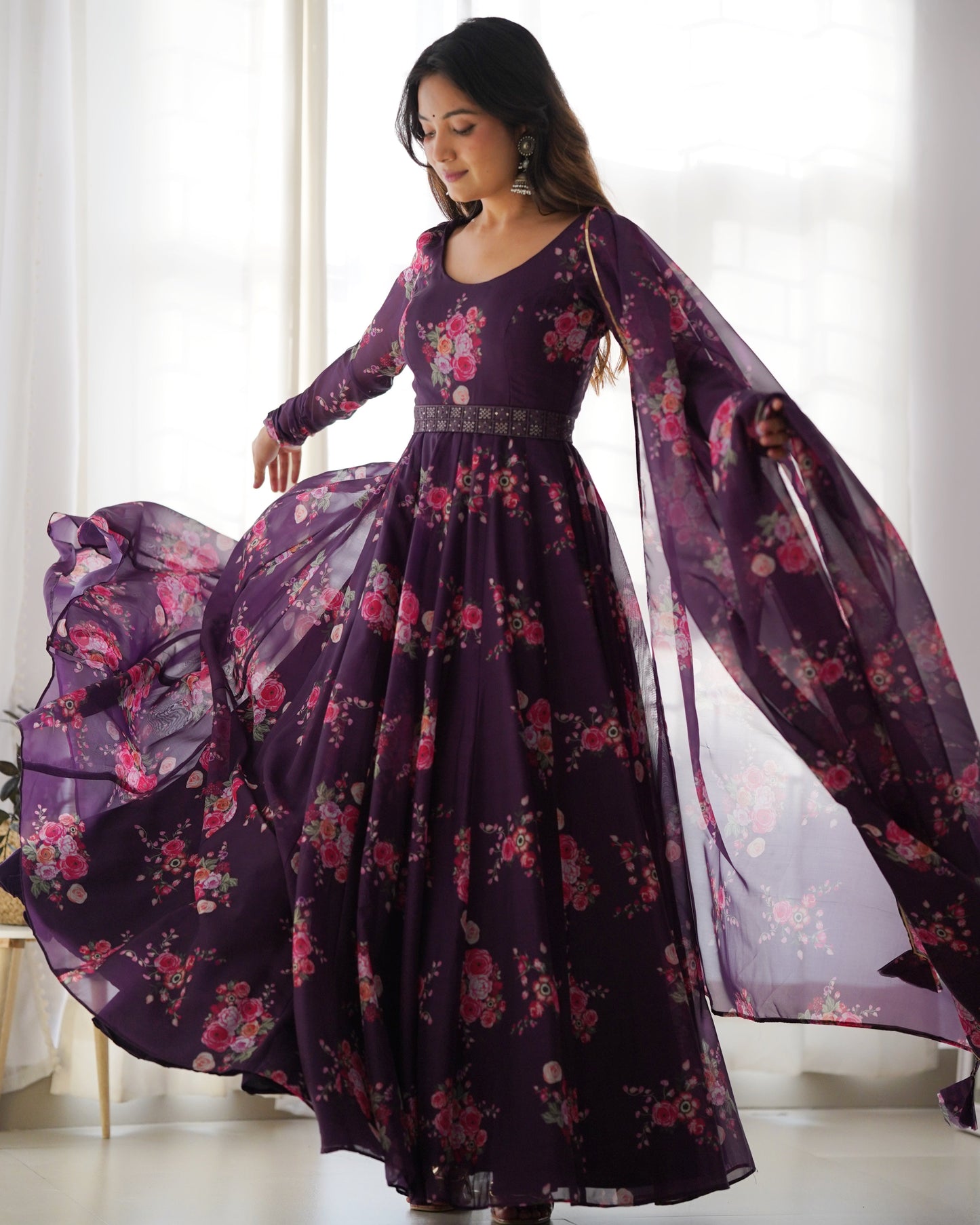 PURE SOFT ORGANZA SILK ANARKALI KALI CUT GOWN NKB-PURPLE26