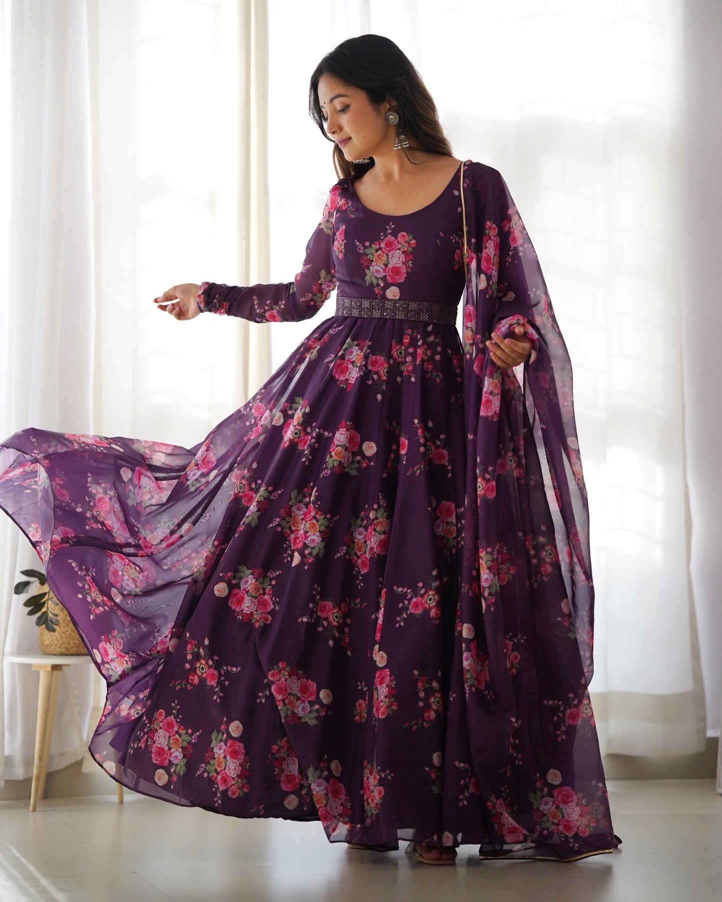 PURE SOFT ORGANZA SILK ANARKALI KALI CUT GOWN NKB-PURPLE26