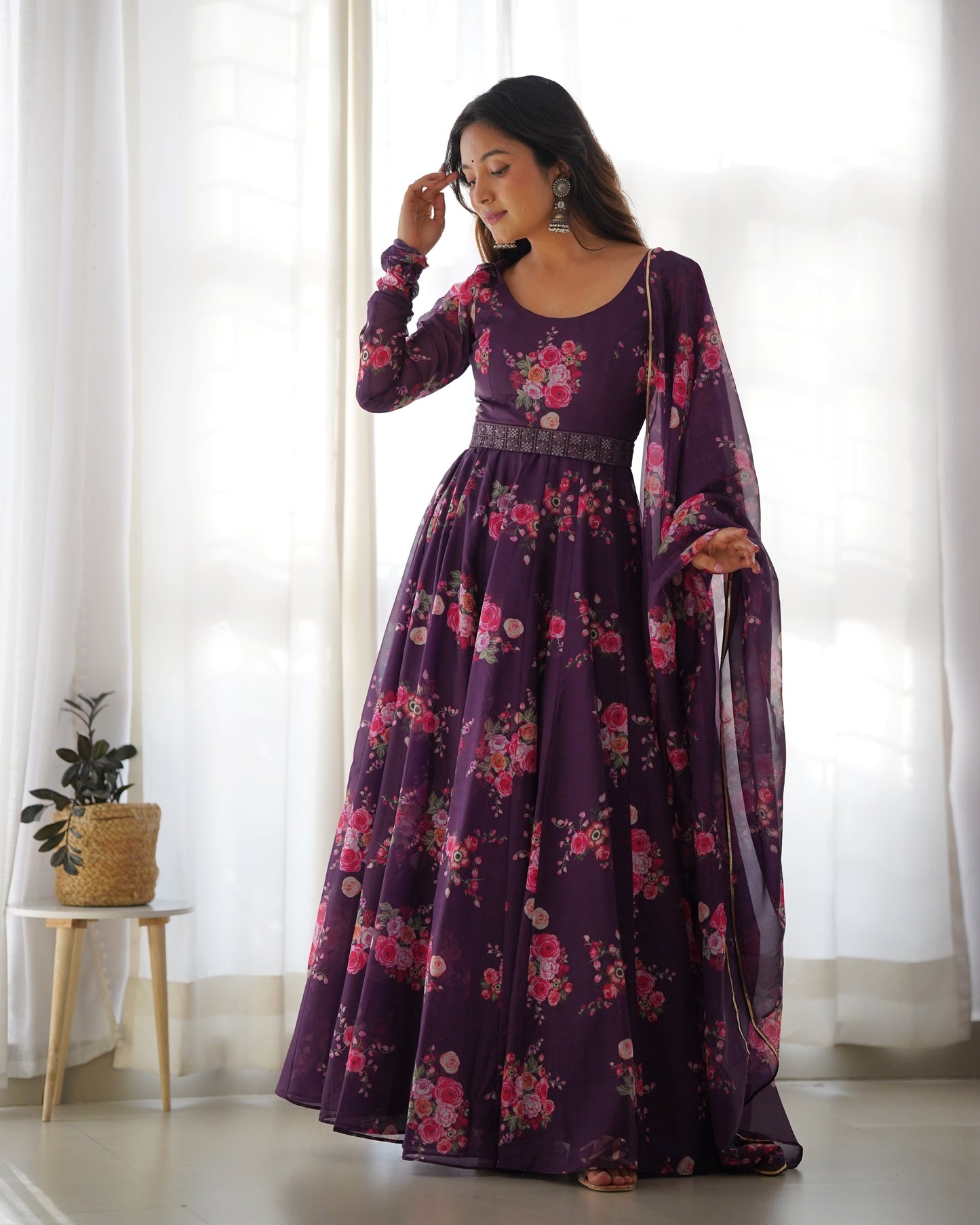 PURE SOFT ORGANZA SILK ANARKALI KALI CUT GOWN NKB-PURPLE26