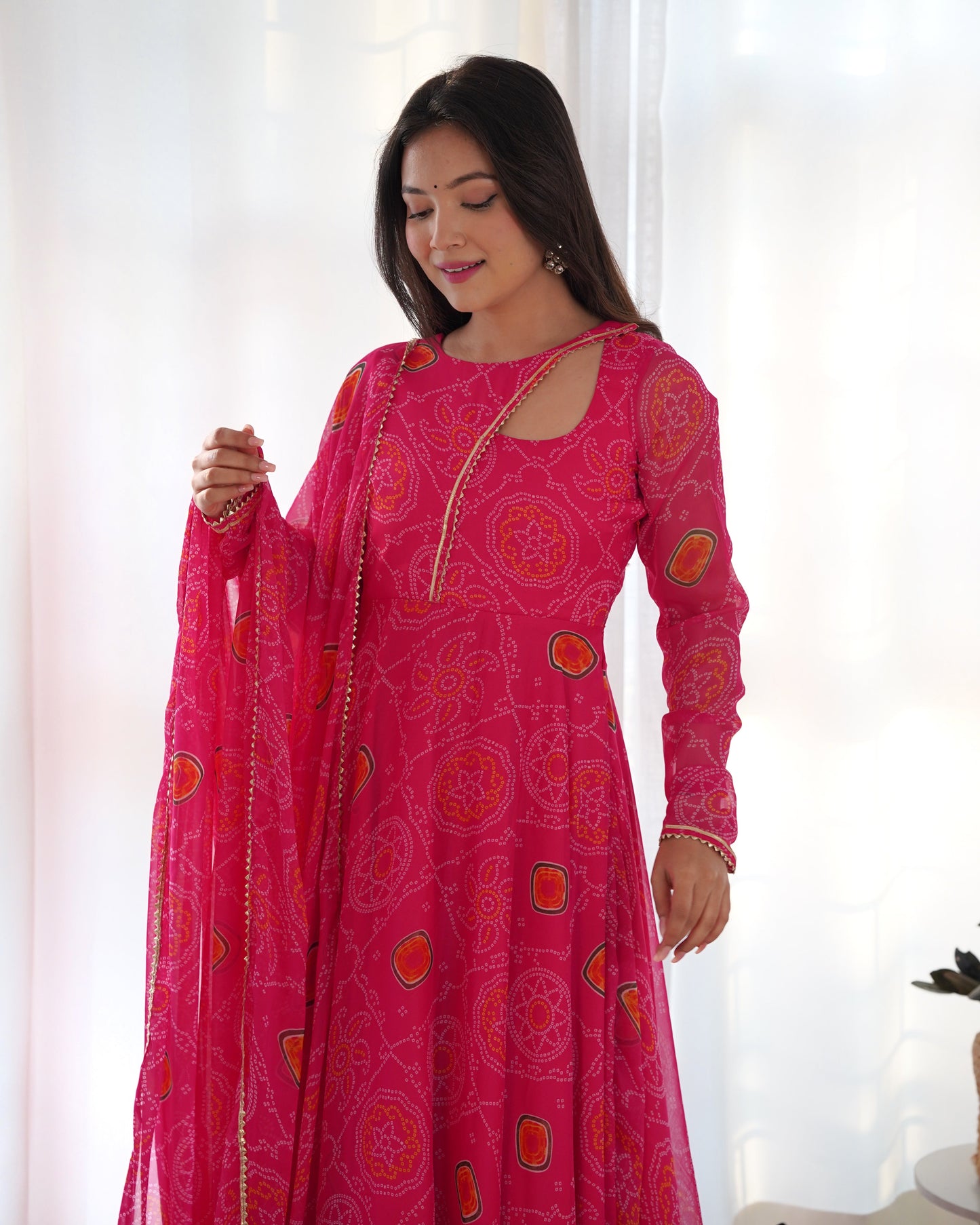 PINK COLOR BANDHEJ PRINT SOFT CHIFFON STYLISH NECK THREE PIECE ANARKALI GOWN