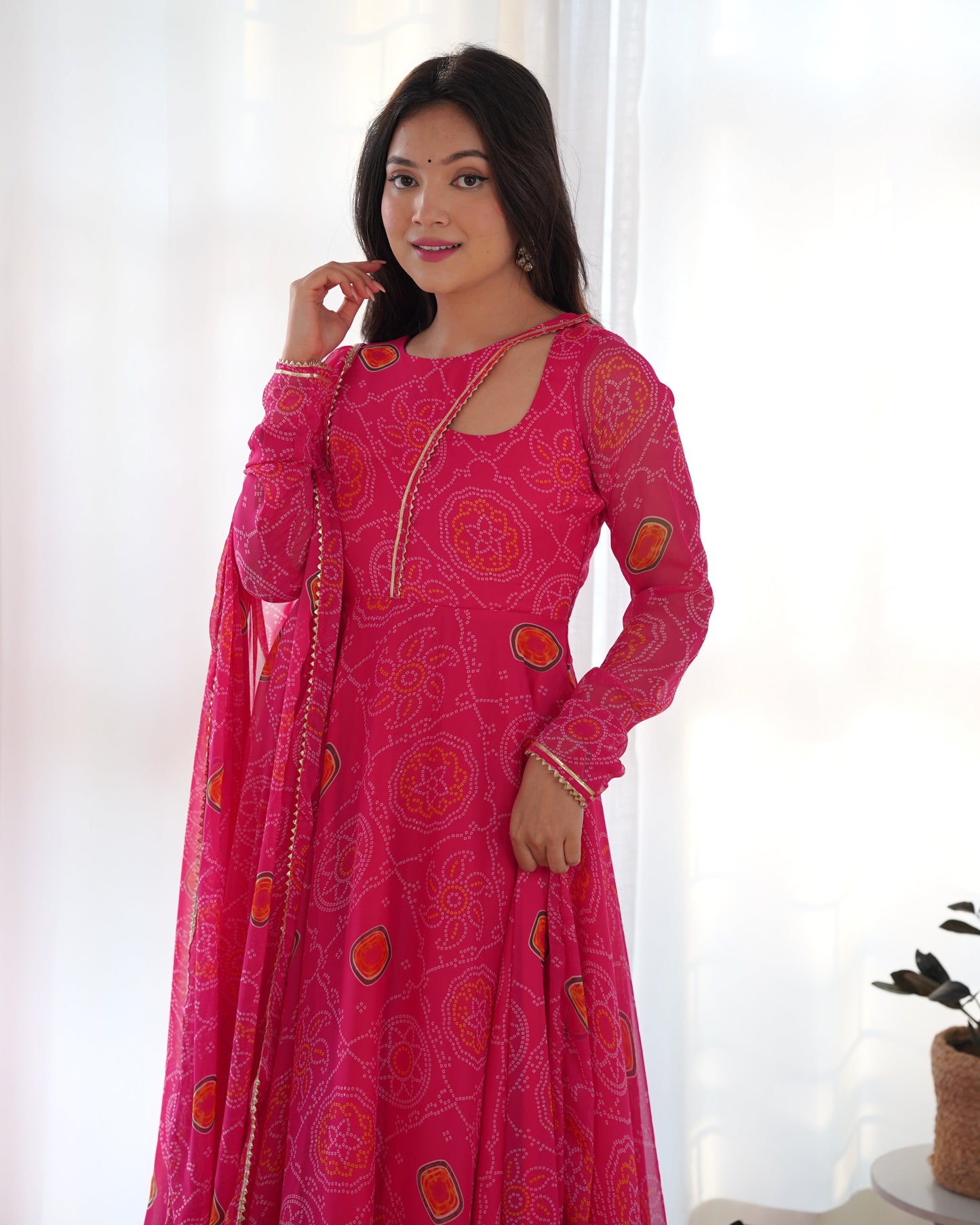 PINK COLOR BANDHEJ PRINT SOFT CHIFFON STYLISH NECK THREE PIECE ANARKALI GOWN