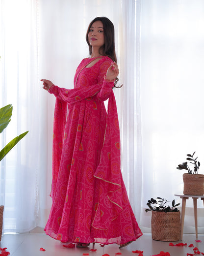 PINK COLOR BANDHEJ PRINT SOFT CHIFFON STYLISH NECK THREE PIECE ANARKALI GOWN