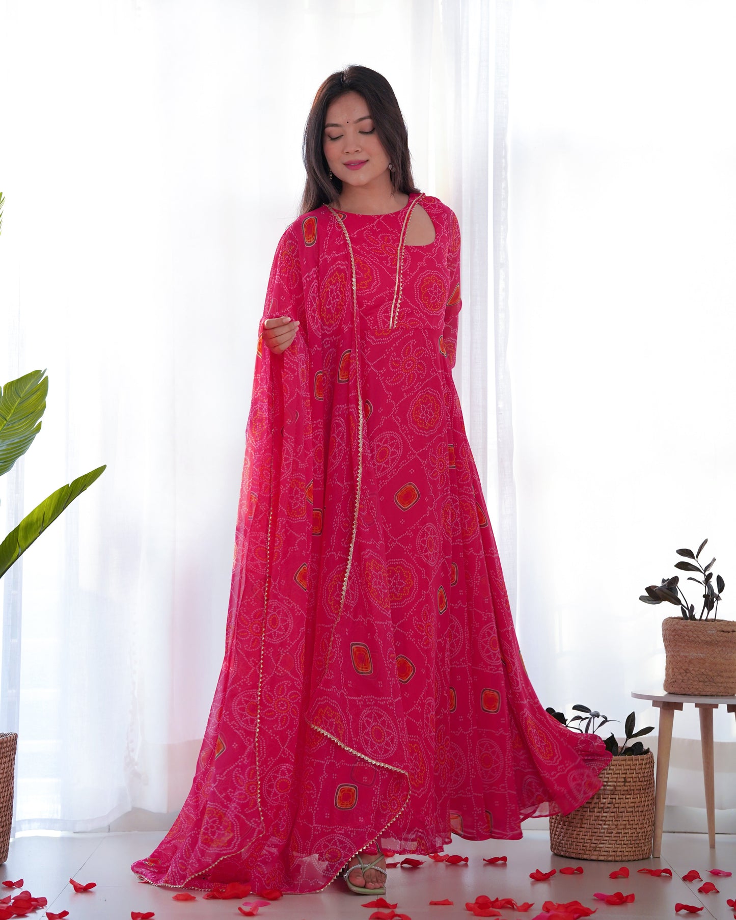 PINK COLOR BANDHEJ PRINT SOFT CHIFFON STYLISH NECK THREE PIECE ANARKALI GOWN