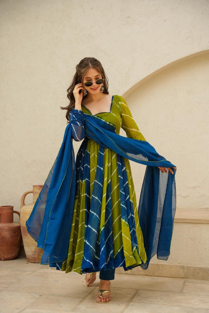 Radhika Blue and Green Leheriya Suit Set