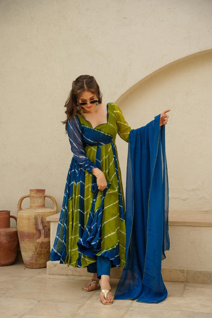 Radhika Blue and Green Leheriya Suit Set