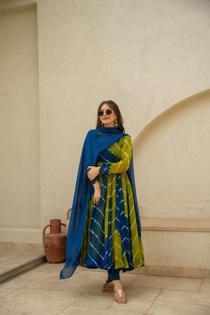 Radhika Blue and Green Leheriya Suit Set