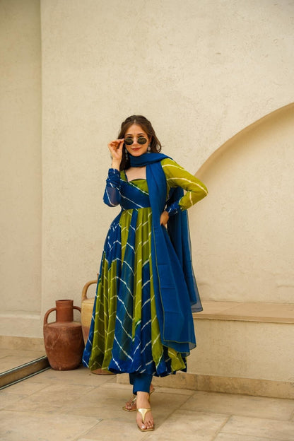 Radhika Blue and Green Leheriya Suit Set