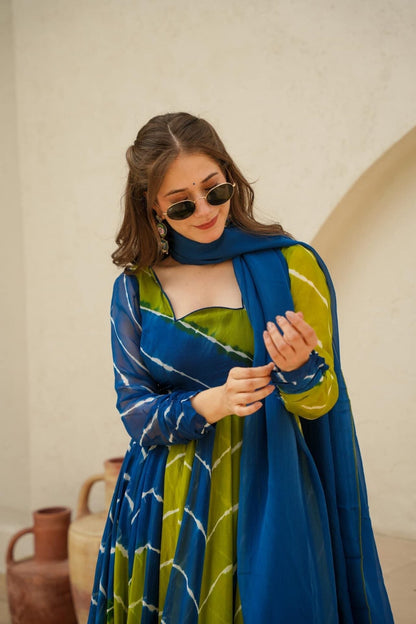 Radhika Blue and Green Leheriya Suit Set