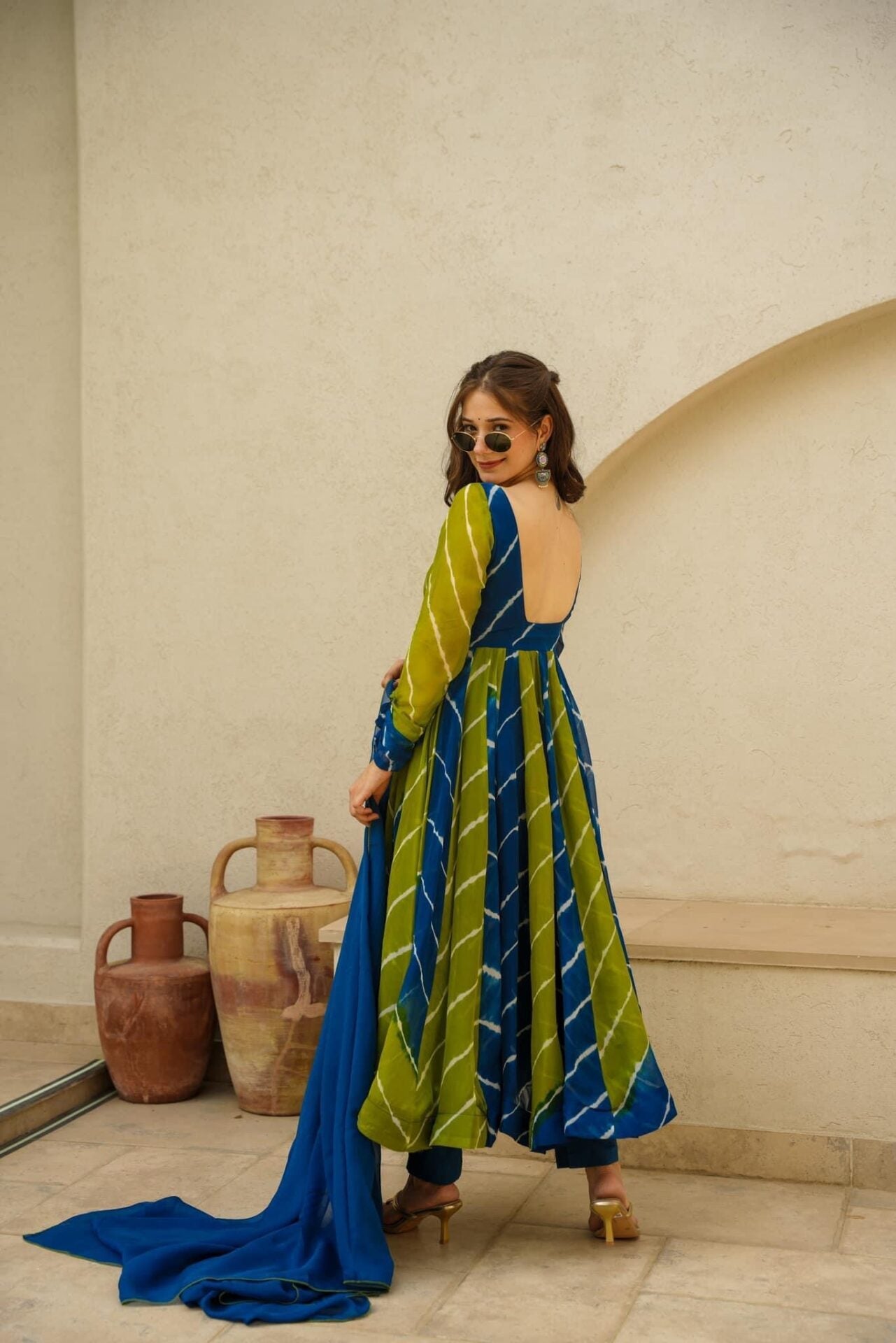 Radhika Blue and Green Leheriya Suit Set