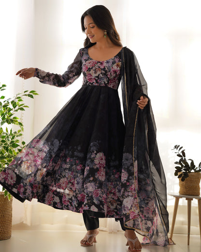 Black Color Floral Print Organza Three Piece Anarkali Suit