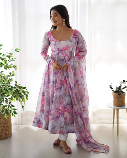 Flux Organza Silk Floral Printed Anarkali Kurti Set