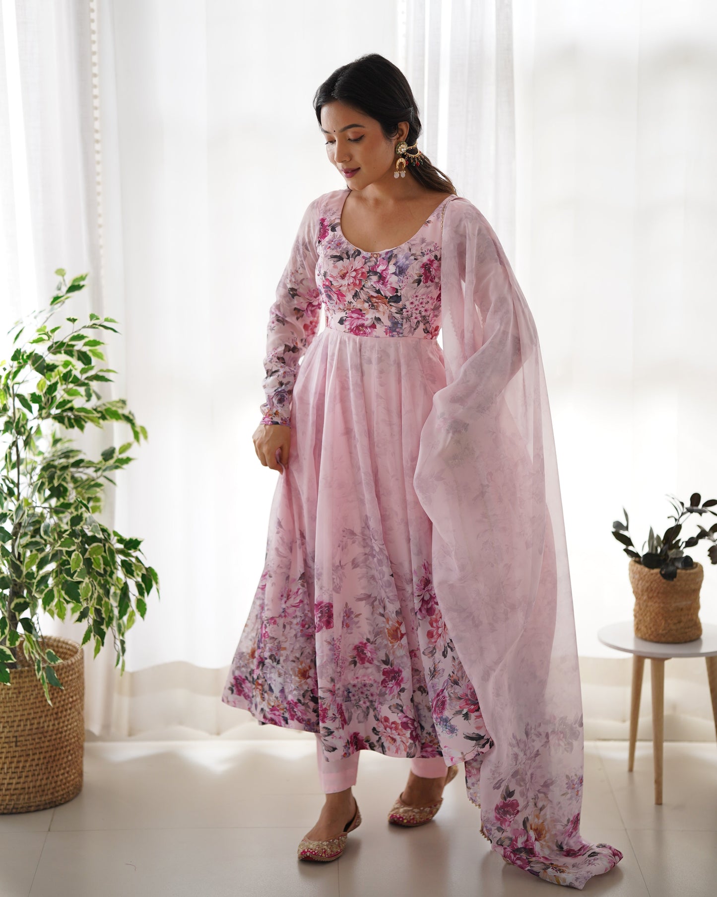 Baby Pink Color Floral Organza Gown With Dupatta & Pant