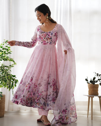 Baby Pink Color Floral Organza Gown With Dupatta & Pant