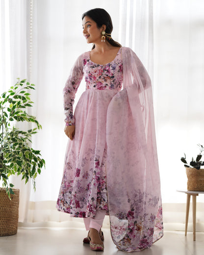 Baby Pink Color Floral Organza Gown With Dupatta & Pant