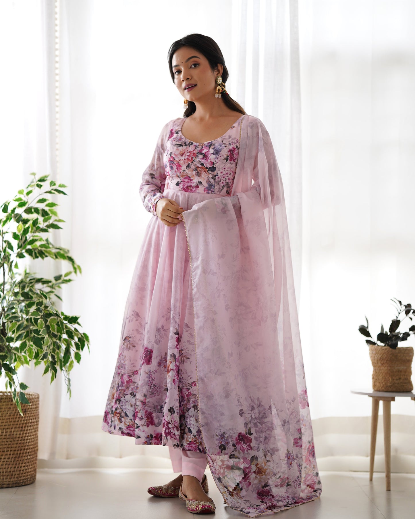 Baby Pink Color Floral Organza Gown With Dupatta & Pant