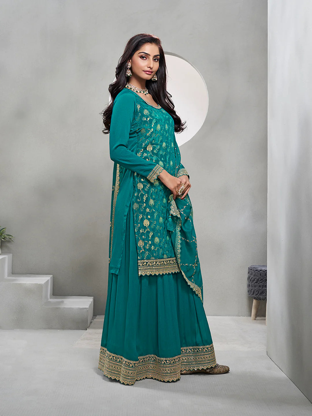 Rama Green Jacquard with Embroidery Sharara Suit Set