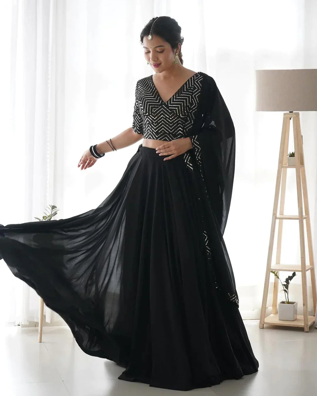 BLACK FULL FLAIRY PURE SOFT GEORGETTE FULL STITCHED LEHENGA CHOLI