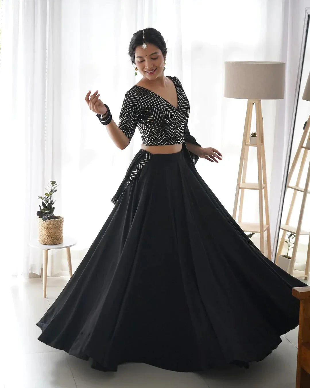 BLACK FULL FLAIRY PURE SOFT GEORGETTE FULL STITCHED LEHENGA CHOLI