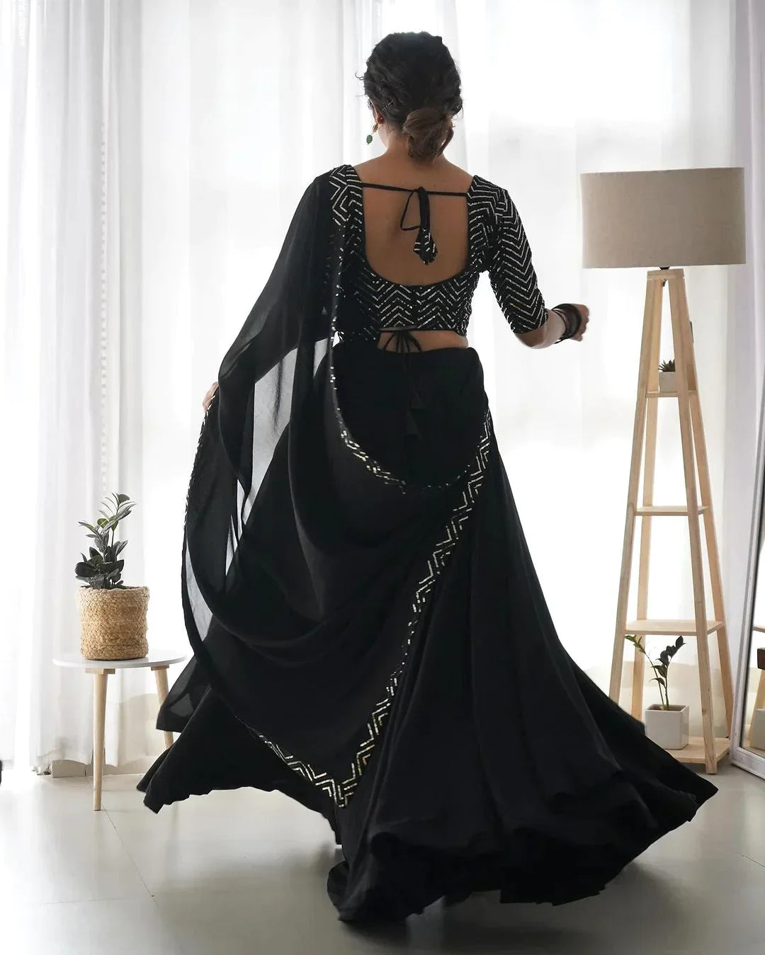 BLACK FULL FLAIRY PURE SOFT GEORGETTE FULL STITCHED LEHENGA CHOLI