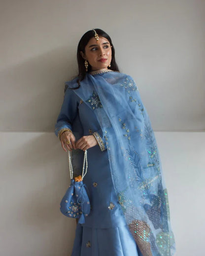 Rabia Handpainted Dupatta with Embellished Kameez & Sharara Set