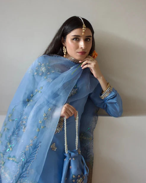 Rabia Handpainted Dupatta with Embellished Kameez & Sharara Set