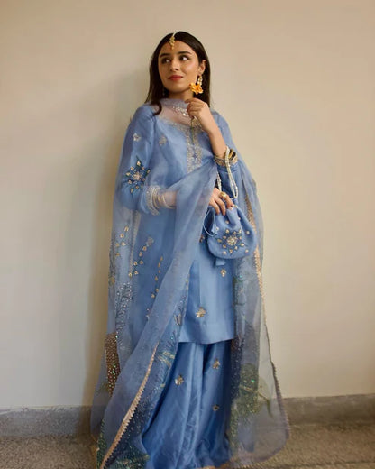 Rabia Handpainted Dupatta with Embellished Kameez & Sharara Set