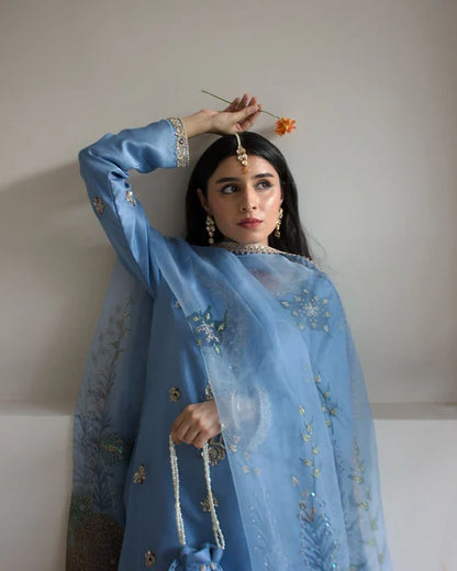 Rabia Handpainted Dupatta with Embellished Kameez & Sharara Set