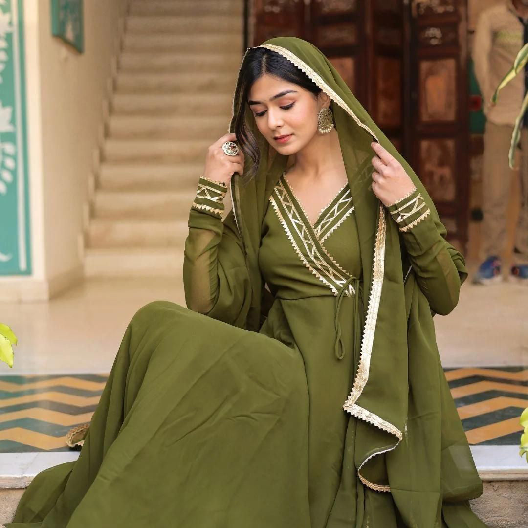 Olive Green Georgette Anarkali Suit Set