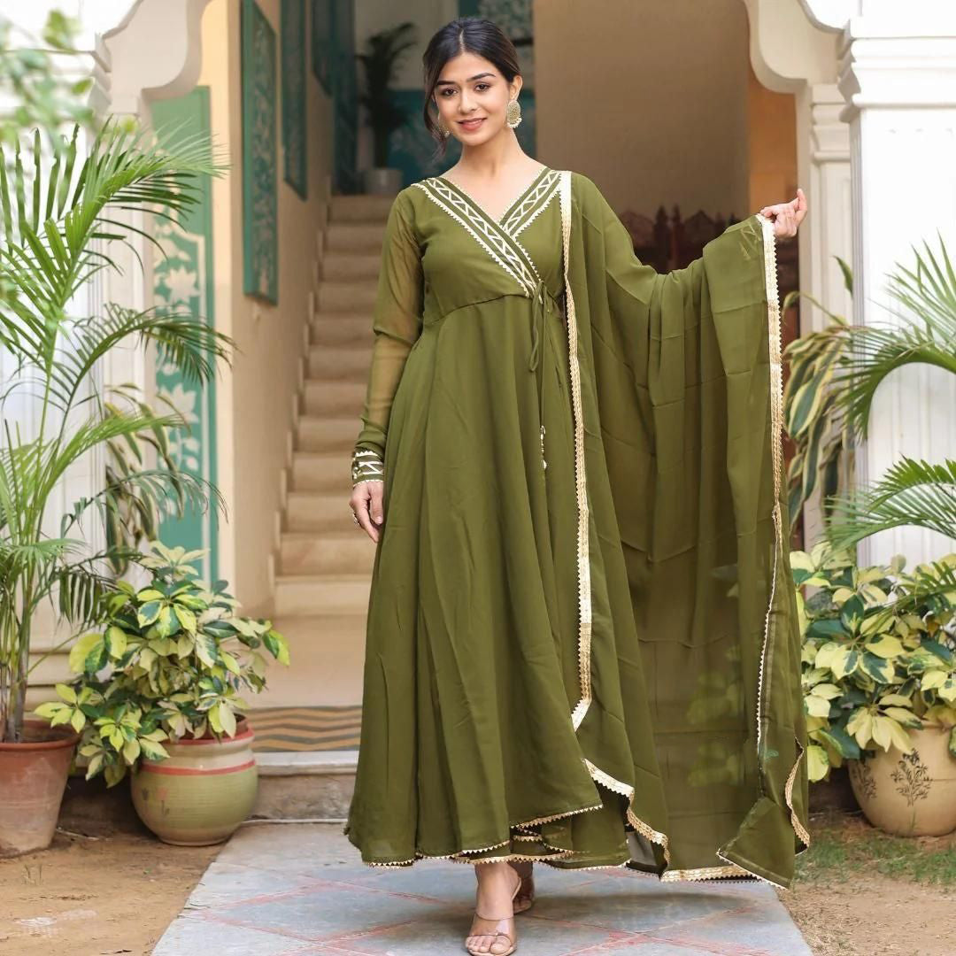 Olive Green Georgette Anarkali Suit Set