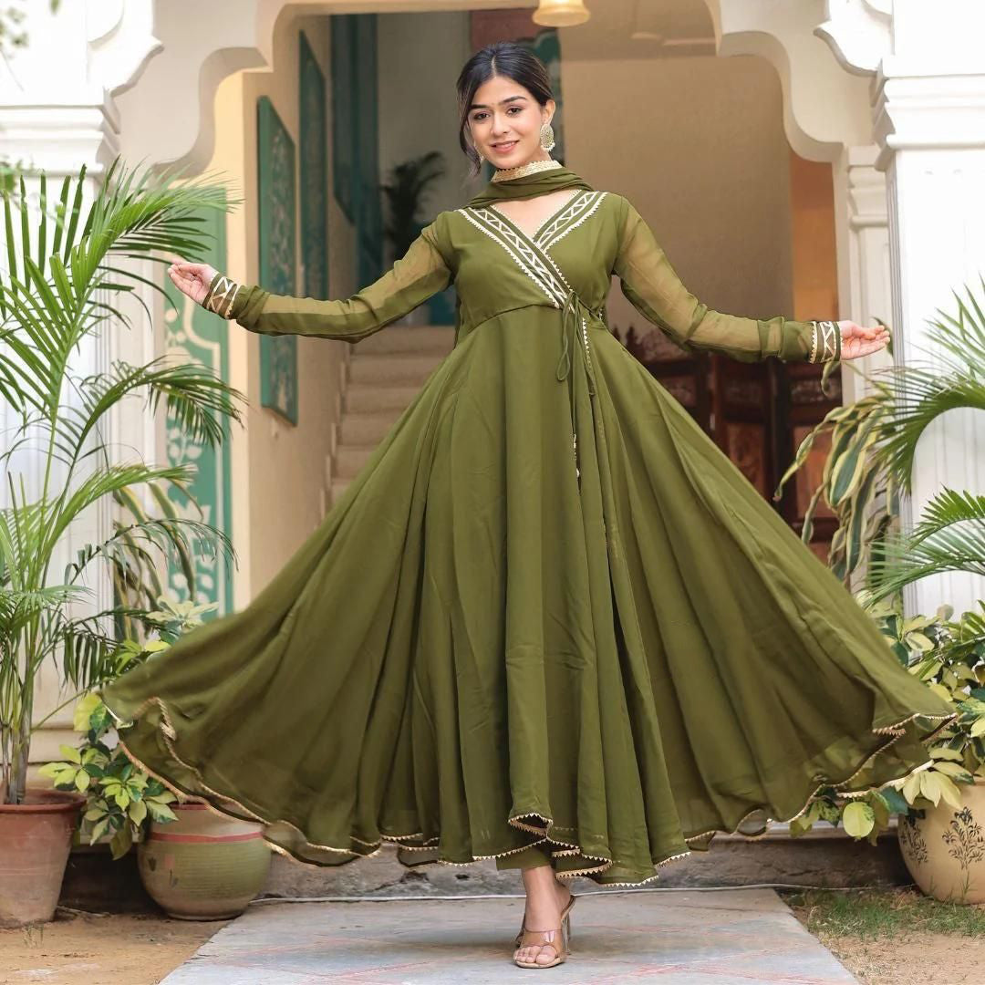 Olive Green Georgette Anarkali Suit Set