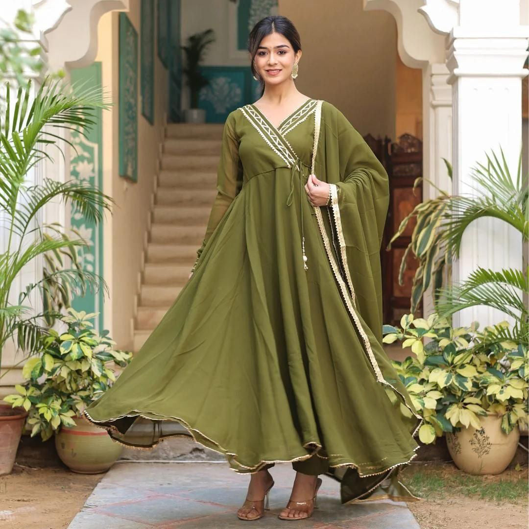 Olive Green Georgette Anarkali Suit Set