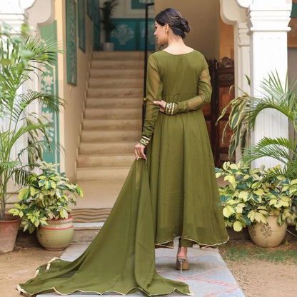 Olive Green Georgette Anarkali Suit Set