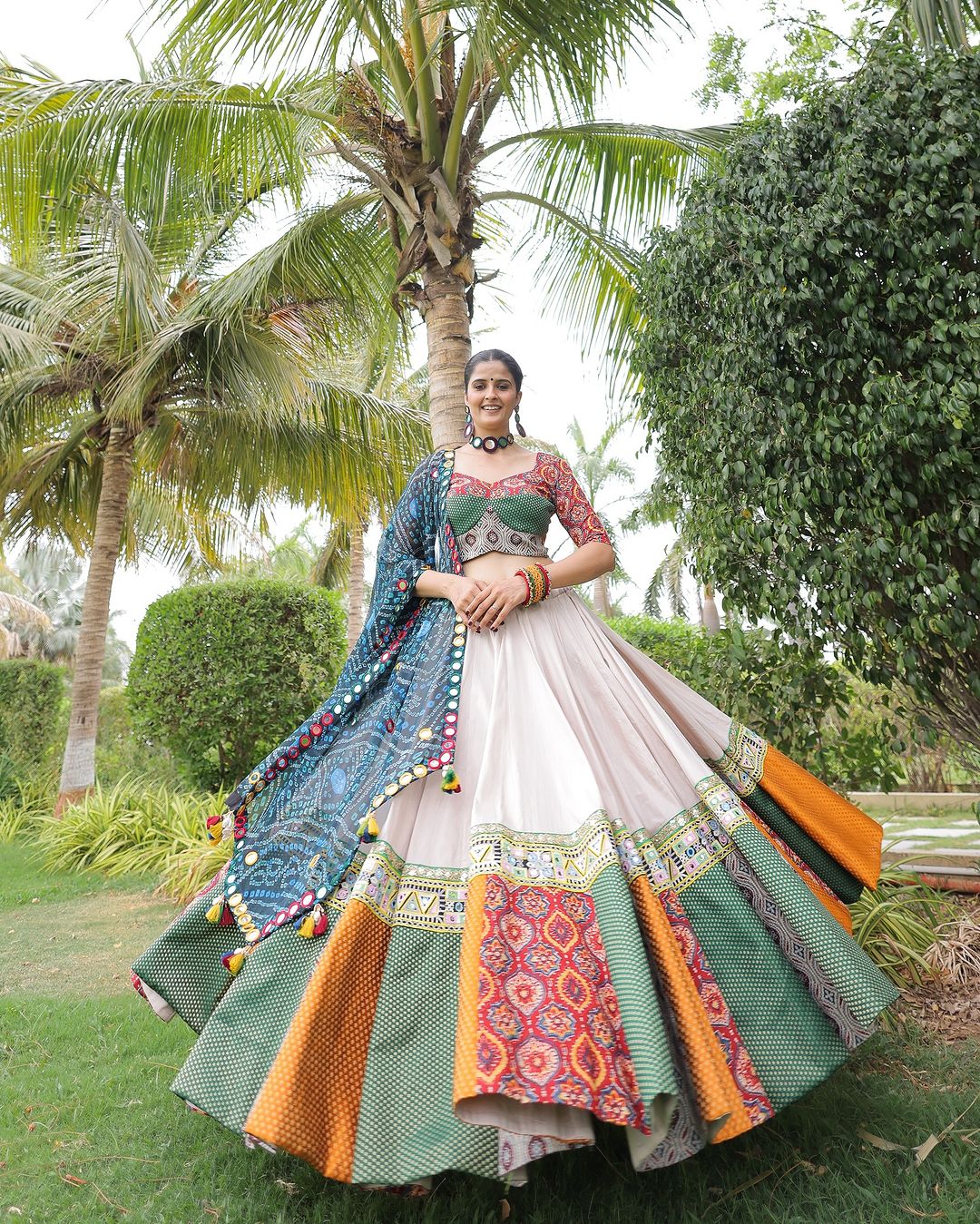 Off-White Maslin Cotton With Digital Print Navratri Special Lehenga Choli Set