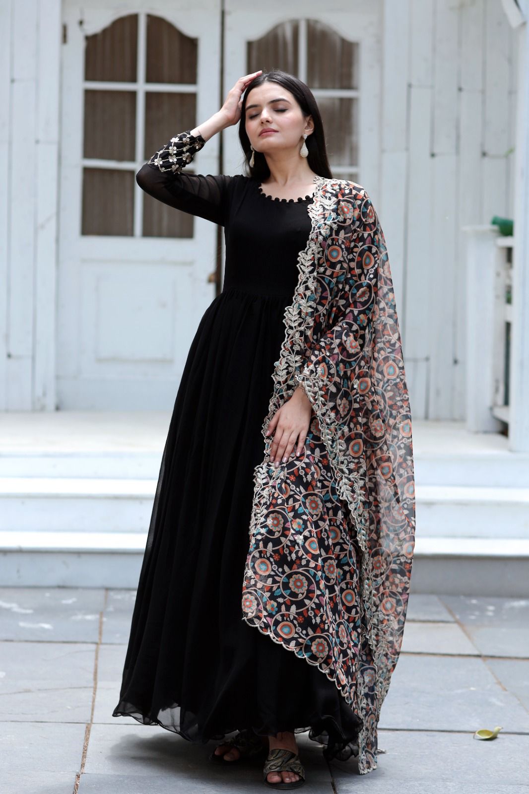 BLACK FOX BLOOMING GOWN WITH PRINTED DUPATTA