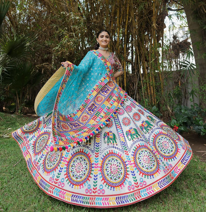 Geeta Rabari Wear White-Blue Color Cotton Real Mirror Navratri Lehenga Choli