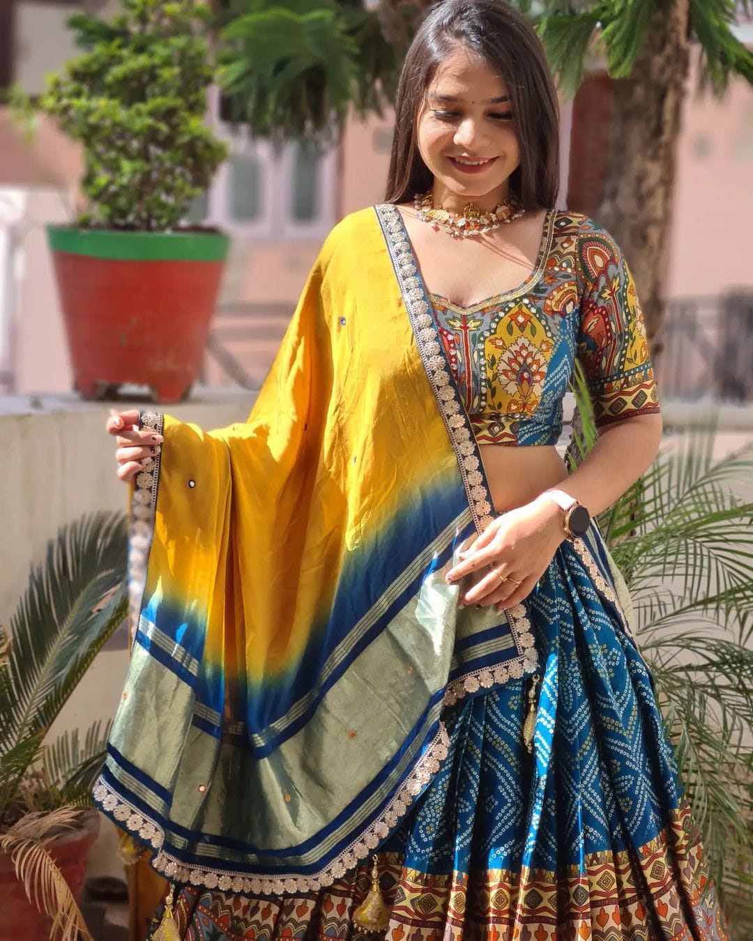 Blue Sky Colour With Mirror Work And Attached Yellow Dupatta Lehenga Choli