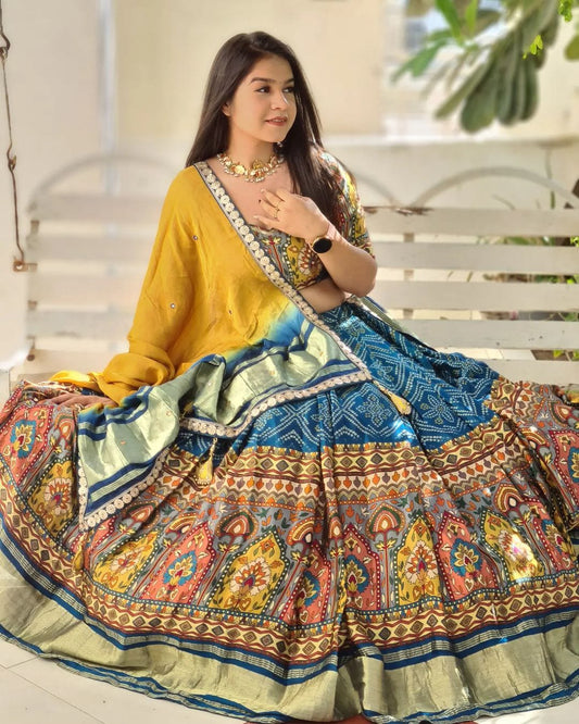 Blue Sky Colour With Mirror Work And Attached Yellow Dupatta Lehenga Choli