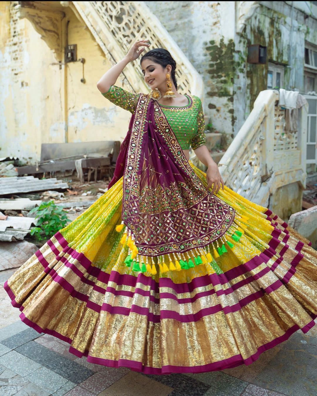 Multicolor Butter Silk Digital Printed Mirror Work Navratri Festival Lehenga Choli