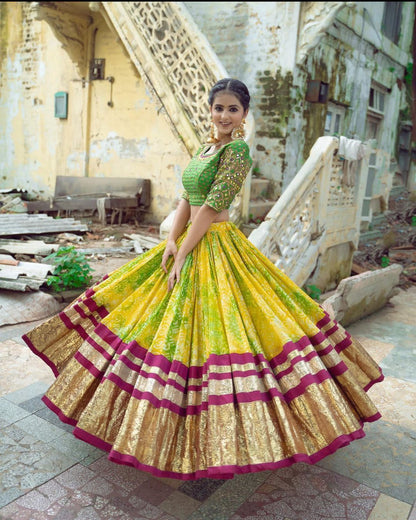 Multicolor Butter Silk Digital Printed Mirror Work Navratri Festival Lehenga Choli