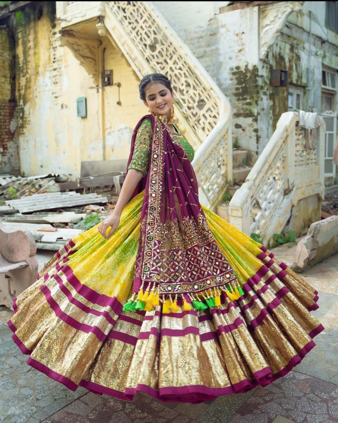 Multicolor Butter Silk Digital Printed Mirror Work Navratri Festival Lehenga Choli