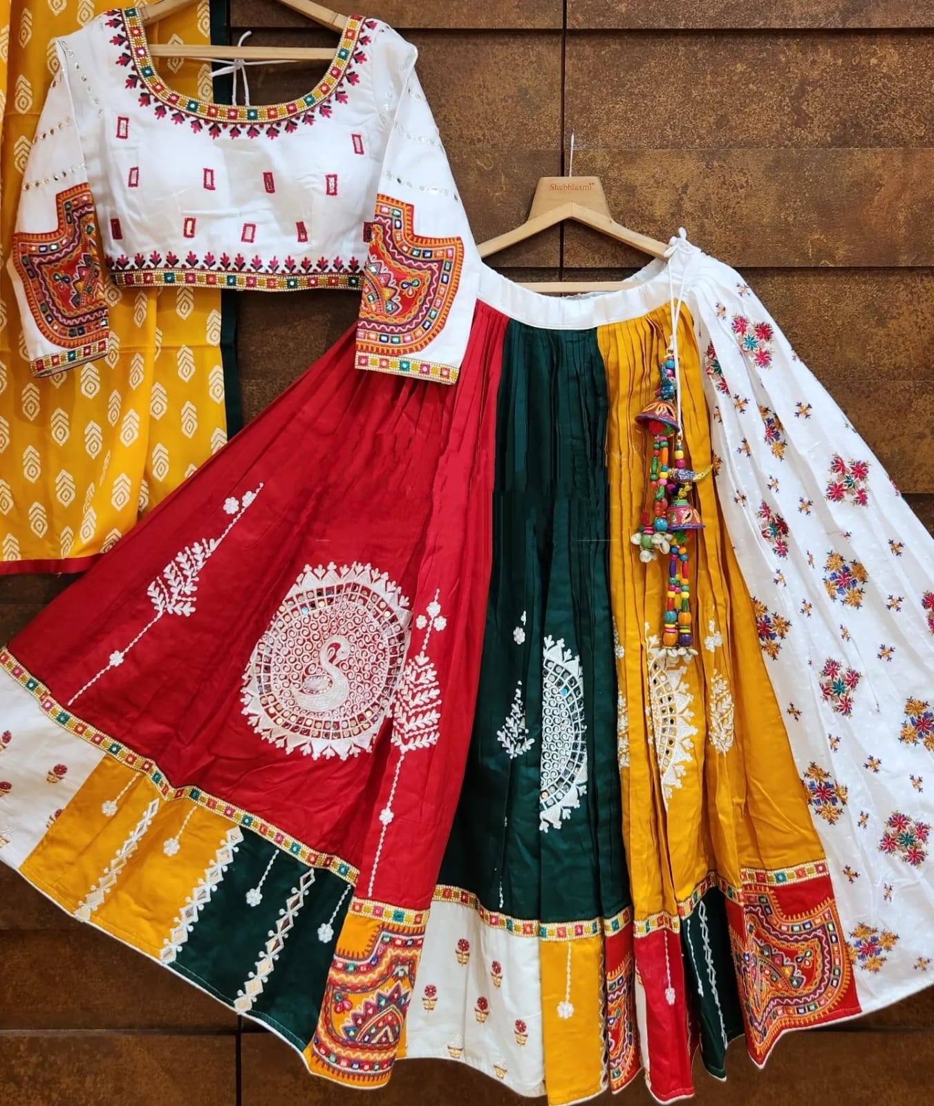 Multicolor cotton printed and mirror work gujarati garba navratri lehenga chaniya choli