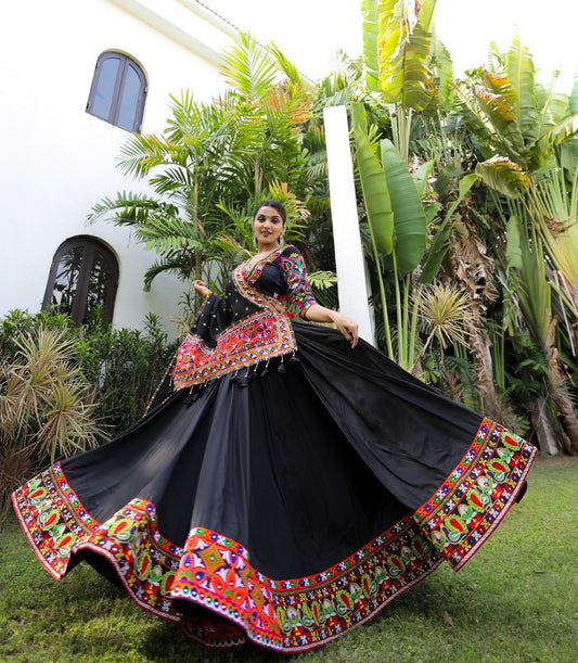 Black Silk Lehnga Choli With Real Mirror Work And Attched Black Dupatta