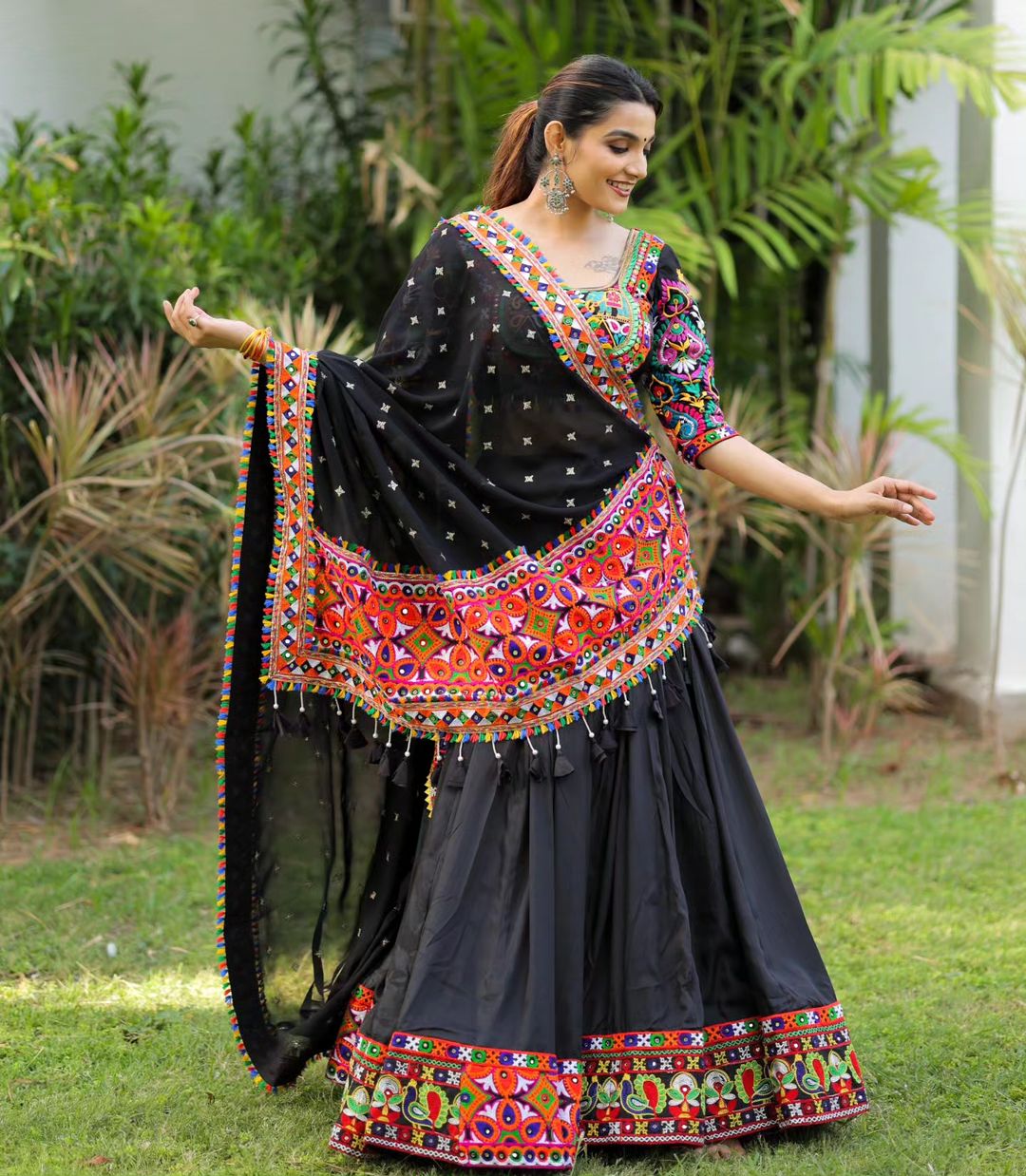 Black Silk Lehnga Choli With Real Mirror Work And Attched Black Dupatta