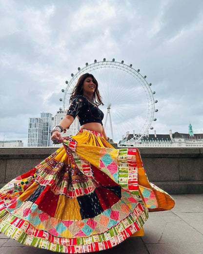 YELLOW SILK LENGHA CHOLI WITH REAL MIRROR WORK AND ATTACHED YELLOW DUPATTA