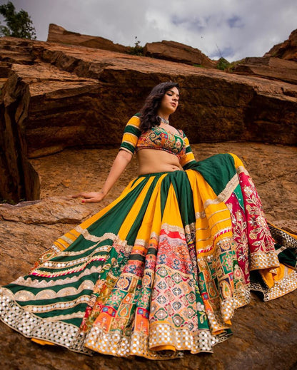 Yellow And Green Color Chent Crepe Digital Print Navratri Special Lehenga Choli Set