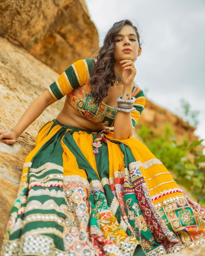 Yellow And Green Color Chent Crepe Digital Print Navratri Special Lehenga Choli Set