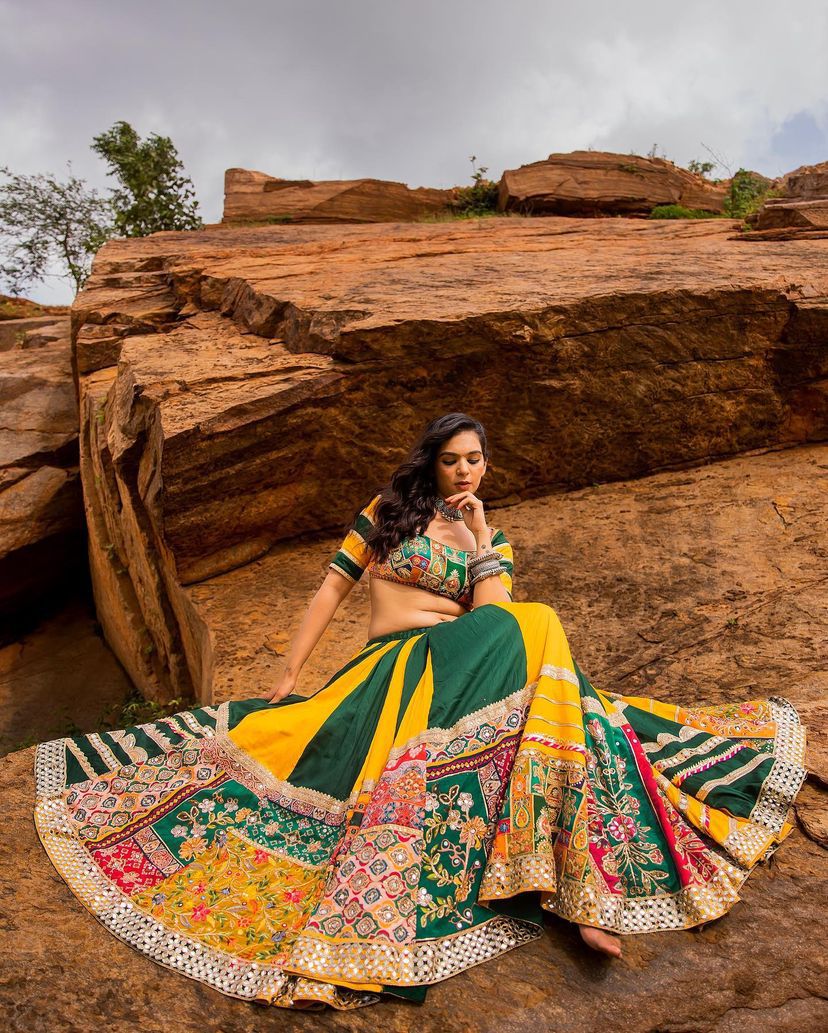 Yellow And Green Color Chent Crepe Digital Print Navratri Special Lehenga Choli Set