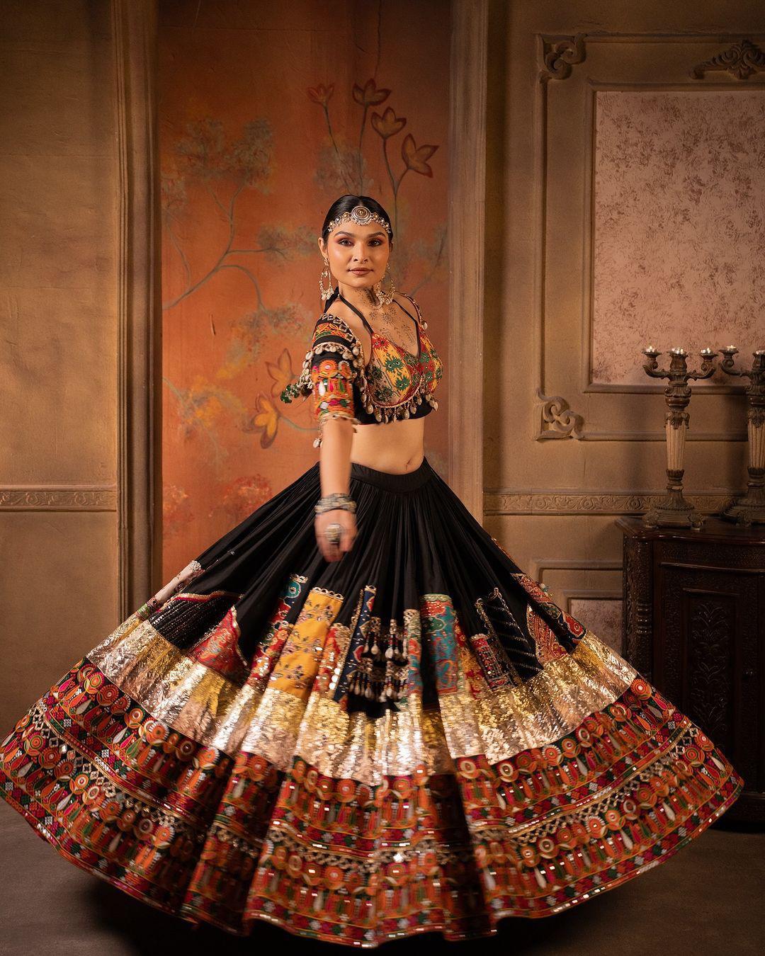 Black Color Reyon Designer Mirror Work Trendy Navratri Special Lehenga Choli