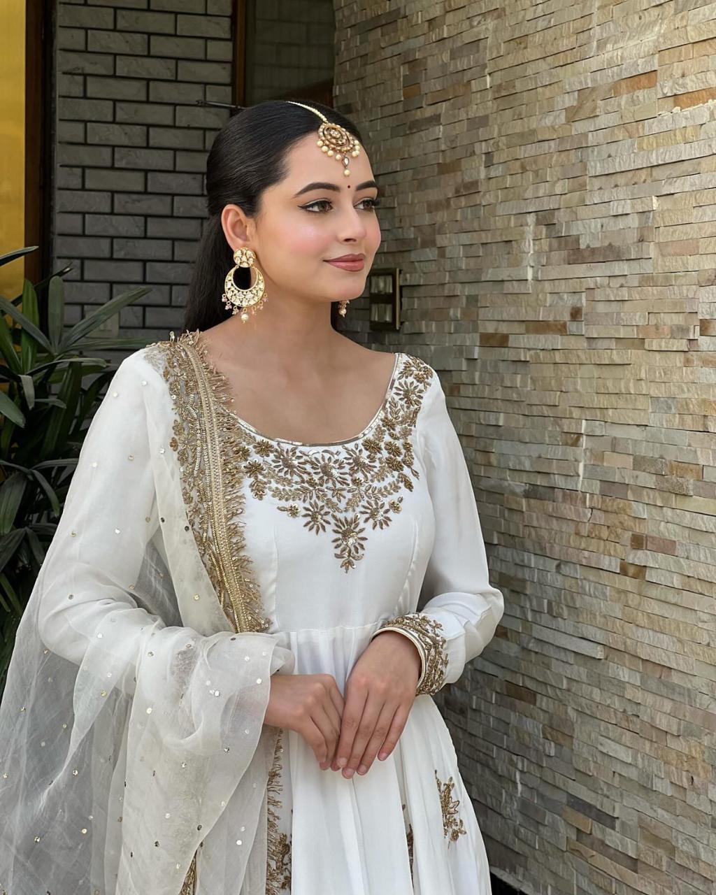 Traditional White Anarkali Suit with Golden Embroidery and Sheer Dupatta