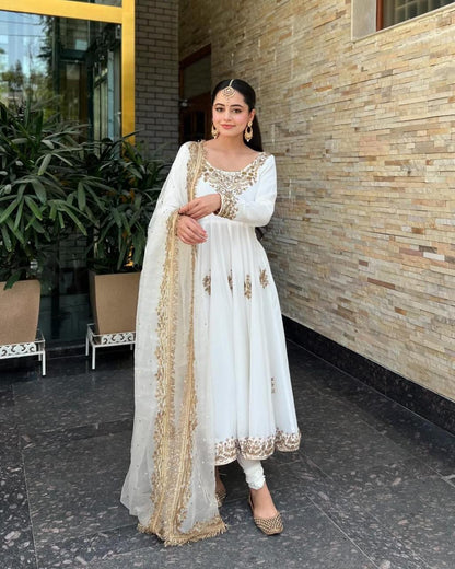 Traditional White Anarkali Suit with Golden Embroidery and Sheer Dupatta